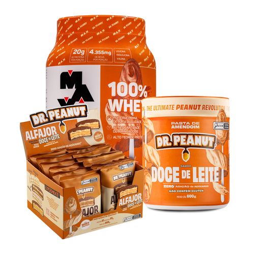 Combo Doce de Leite: 100% Whey 900g + Pasta de amendoim 600g + Display de Alfajor